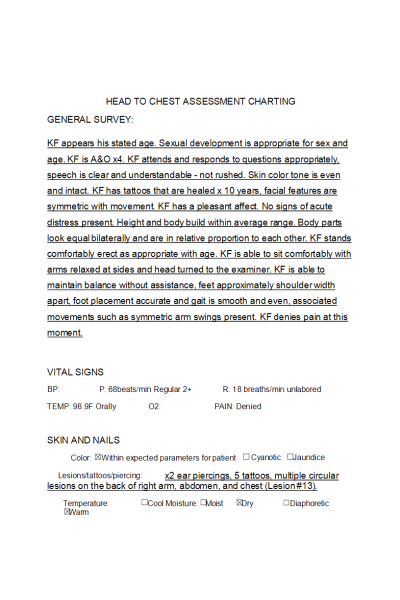 NR 302 Week 1 Assignment; Head-to-Chest Assessment & Documentation