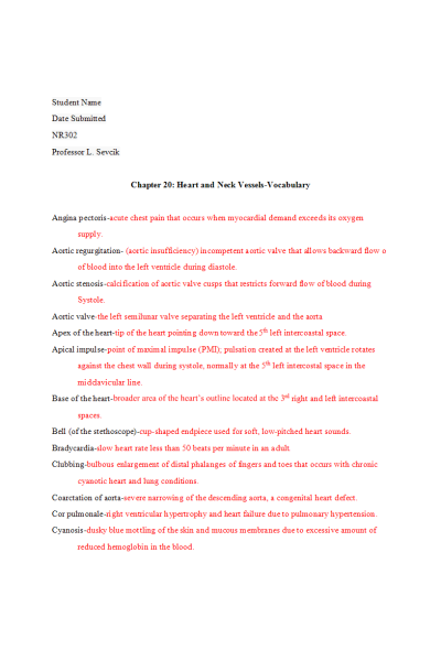 NR 302 Week 6 Assignment Chapter 20; Heart and Neck Vessels-Vocabulary & Chapter 20 Heart and Neck Vessels-Workbook