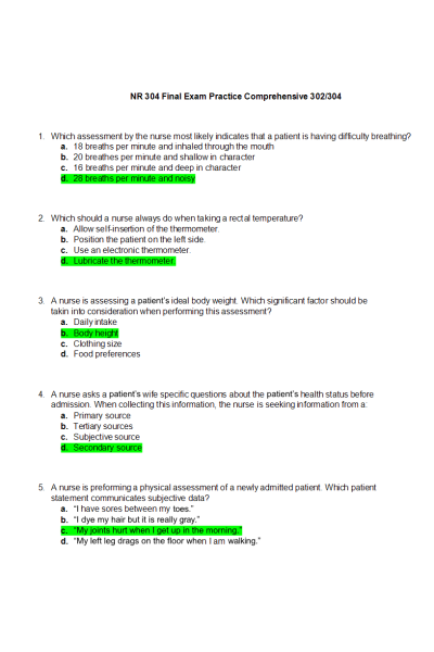 NR 302 Week 8 Final Exam Practice Comprehensive