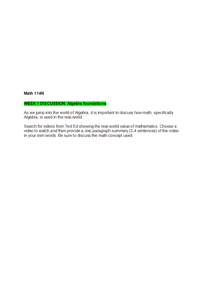 MATH 114N Week 1 Discussion; Algebra Foundations