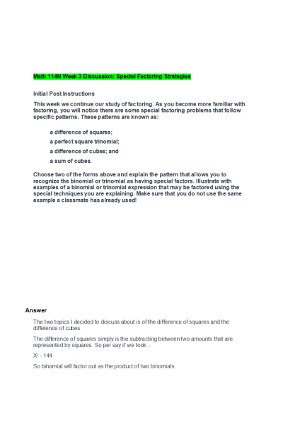 MATH 114N Week 3 Discussion; Special Factoring Strategies