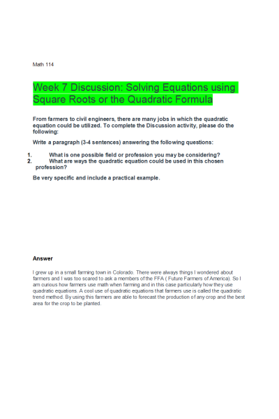 MATH 114N Week 7 Discussion; Solving Equations using Square Roots or the Quadratic Formula