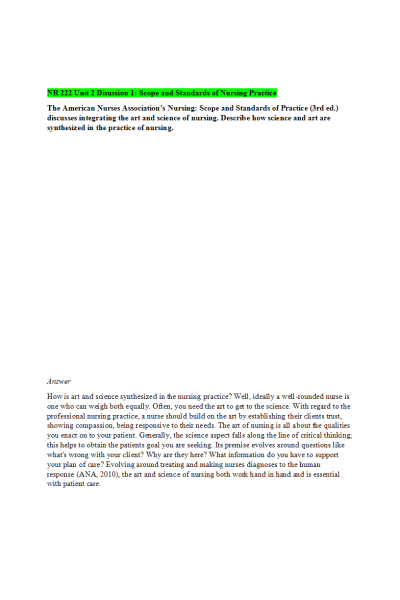 NR 222 Week 2 Discussion; Scope and Standards of Nursing Practice