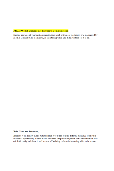 NR 222 Week 5 Discussion; Barriers to Communication