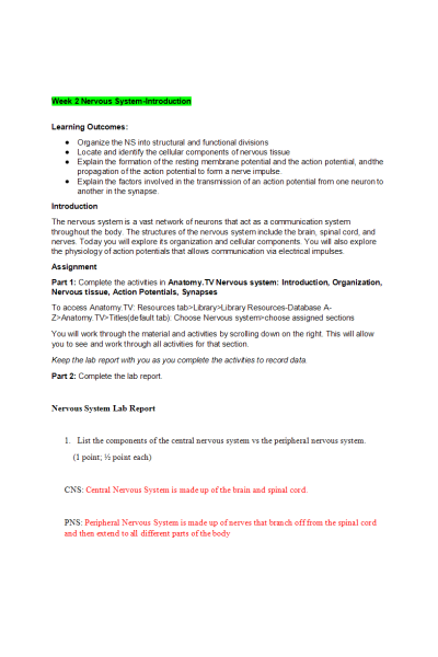BIOS 252 Week 2 Nervous System-Introduction - Lab