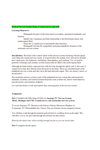 BIOS 252 Week 4 Lab; Nervous System-Brain, Cranial nerves, and ANS