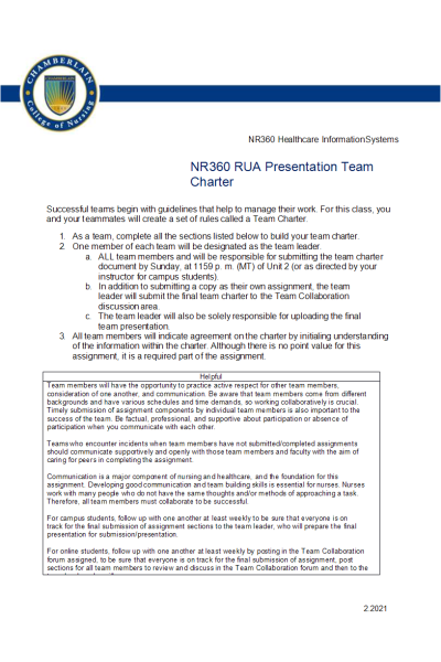 NR 360 Week 2 Assignment; RUA Presentation Team Charter