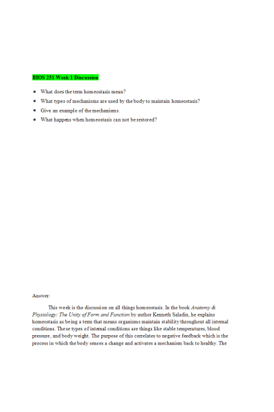 BIOS 251 Week 1 Discussion; Homeostasis