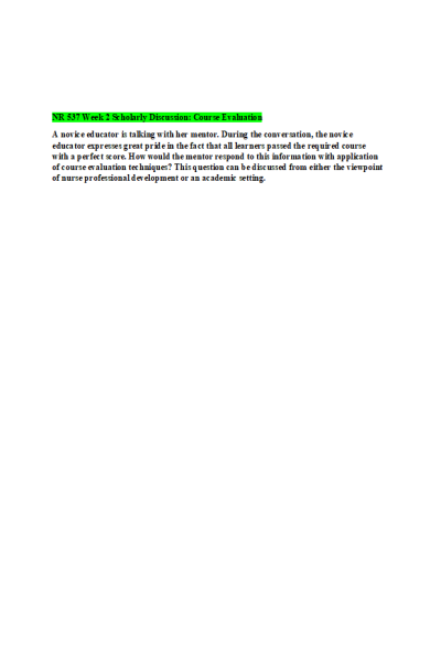 NR 537 Week 2 Scholarly Discussion; Course Evaluation