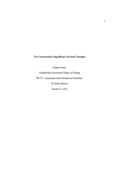 NR 537 Week 3 Assignment; Test Construction Using Bloom s Revised Taxonimy
