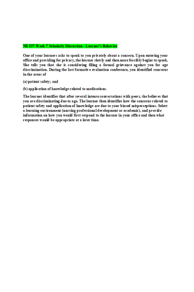 NR 537 Week 7 Scholarly Discussion - Learner s Behavior