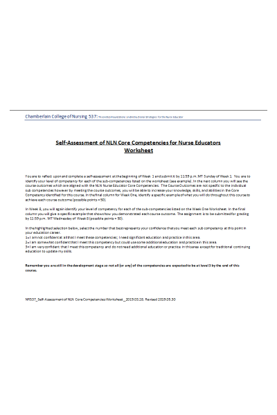 NR 537 Week 1 Assignment; Self-assessment of NLN Nurse Educator Core Competencies