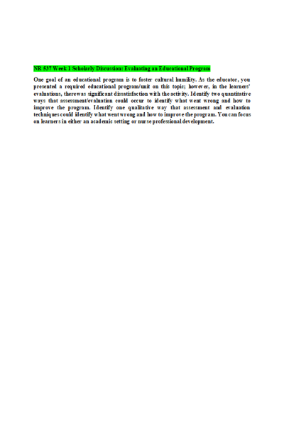 NR 537 Week 1 Scholarly Discussion; Evaluating an Educational Program