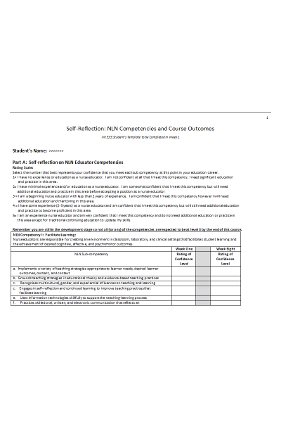NR 535 Week 1 Student s Template; Self-Reflection NLN Competencies and Course Outcomes
