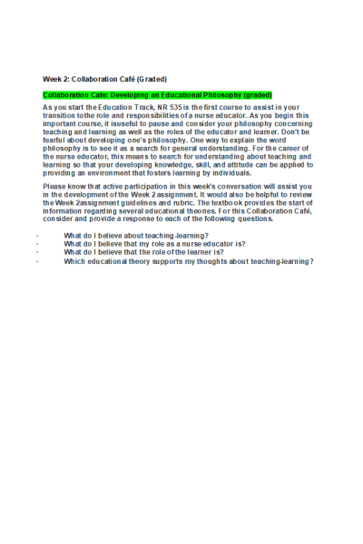 NR 535 Week 2 Collaboration Cafe - Developing an Educational Philosophy