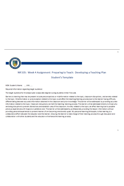 NR 535 Week 4 Assignment; Preparing to Teach - Developing a Teaching Plan