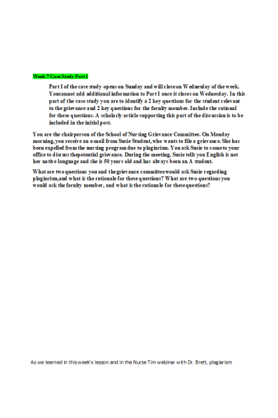 NR 535 Week 7 Case Study; Academic Integrity - Part I