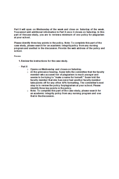 NR 535 Week 7 Case Study; Academic Integrity - Part II