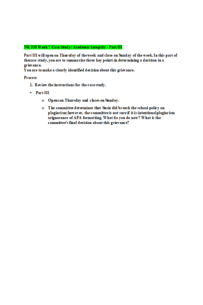 NR 535 Week 7 Case Study; Academic Integrity - Part III