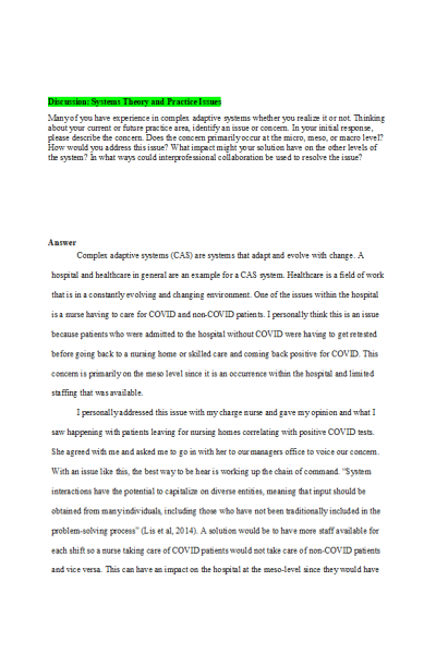 NR 500 Week 5 Discussion; Systems Theory and Practice Issues (2 Versions)