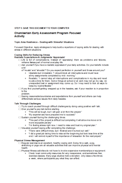 NR 500 Week 7 Assignment; Assessment - CEAP Focused Activities; Dealing with Stressful Situations
