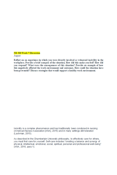 NR 500 Week 7 Discussion; Incivility and Healthful Environments
