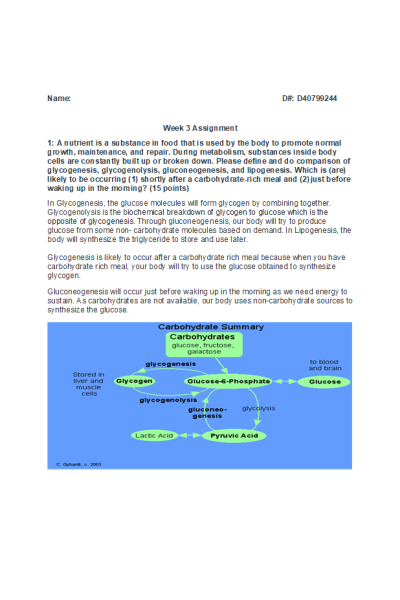 BIOS 256 Week 3 Discussion; Glycogenesis, glycogenolysis, gluconeogenesis, and lipogenesis