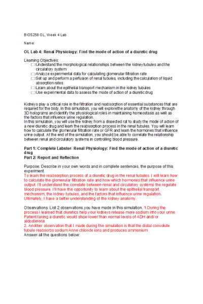 BIOS 256 Week 4 OL Lab 4; Renal Physiology; Find the mode of action of a diuretic drug