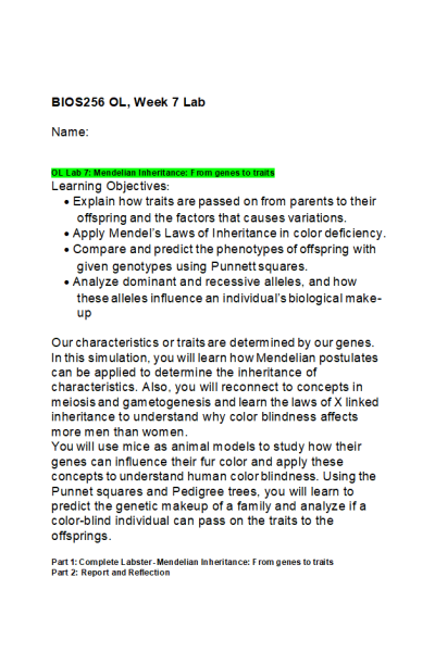 BIOS 256 Week 7 OL Lab 7; Mendelian Inheritance From genes to traits
