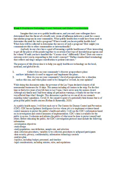 NR 360 Week 3 Discussion; Healthcare Technology; Local, National, and Global Considerations