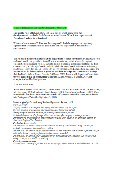 NR 360 Week 6 Discussion; Informatics and the Development of Standards
