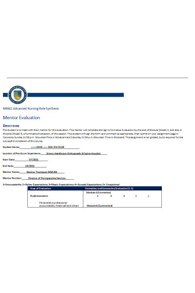 NR 632 Week 8 Assignment; Mentor Evaluation