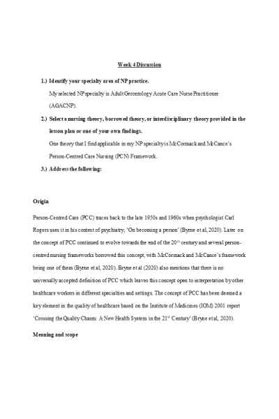 NR 501 Week 4 Discussion; Nursing Theory (Original Post, Responses)