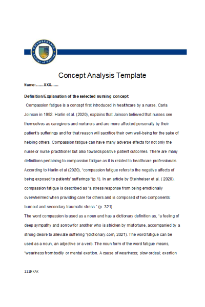 NR 501 Week 3 Assignment; Concept Analysis Template; Compassion fatigue