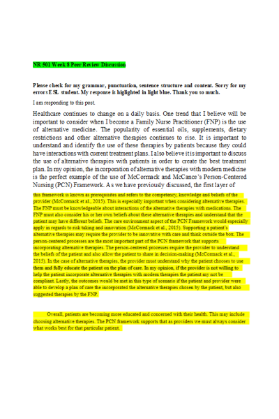 NR 501 Week 8 Peer Review Discussion