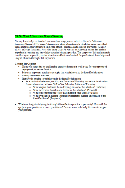NR 501 Week 2 Discussion; Ways of Knowing (Original Post, Responses)