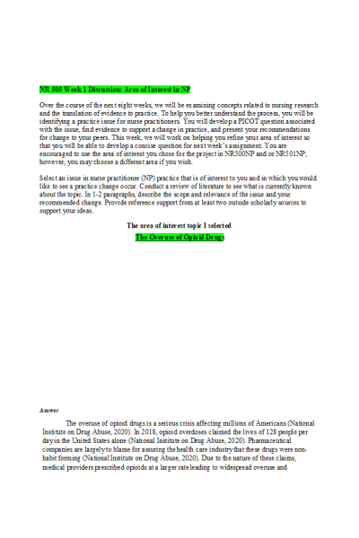 NR 505 Week 1 Discussion; Area of Interest in NP - The Overuse of Opioid Drugs
