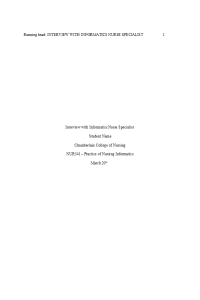 NR 541 Week 2 Assignment; Interview with NI Practitioner (Nurse Specialist)