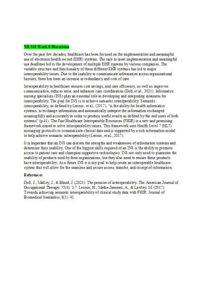 NR 541 Week 8 Discussion: Interoperability and Technical Standards