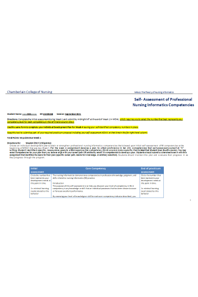 NR 541 Week 1 Self- Assessment of Professional Nursing Informatics Competencies