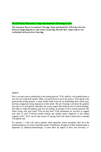 NR 222 Week 2 Discussion; Scope & Standards of Nursing Practice