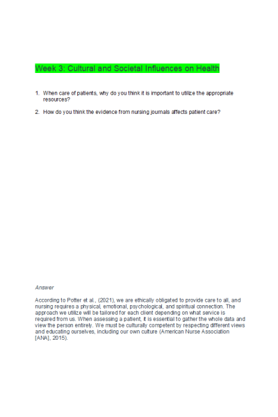 NR 222 Week 3 Discussion; Cultural & Societal Influences on Health
