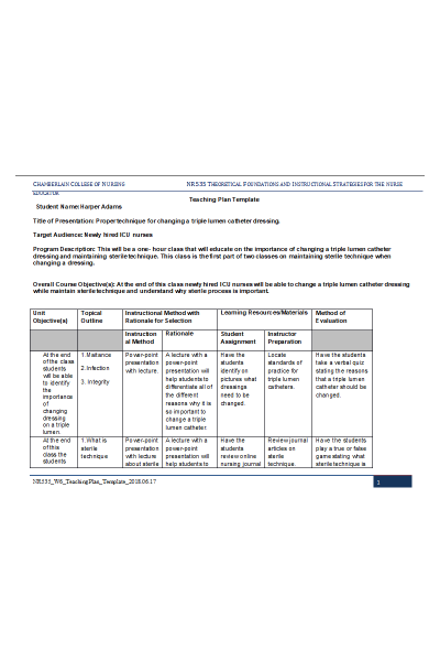 NR 535 Week 6 Assignment; Teaching Plan Template - Proper technique for changing a triple lumen catheter dressing