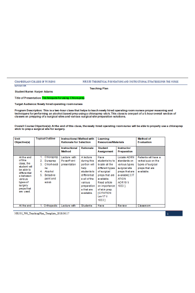 NR 535 Week 6 Assignment; Teaching Plan Template - Techniques for Using Chloraprep