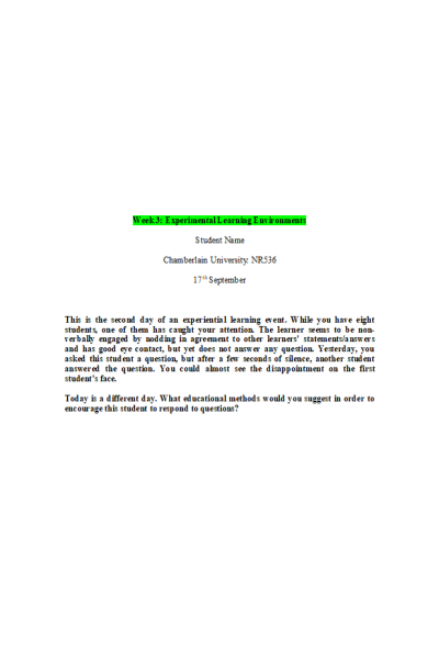 NR 536 Week 3 Discussion Question 1; Experimental Learning Environments