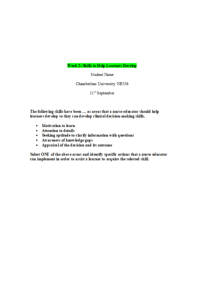 NR 536 Week 2 Discussion Question 1; Skills to Help Learners Develop