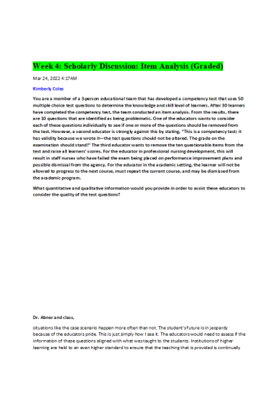 NR 537 Week 4 Scholarly Discussion Item Analysis (Graded)