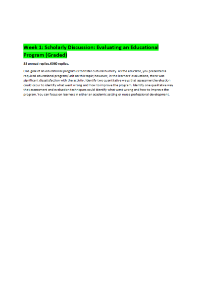 NR 537 Week 1 Scholarly Discussion; Evaluating an Educational Program (Graded)