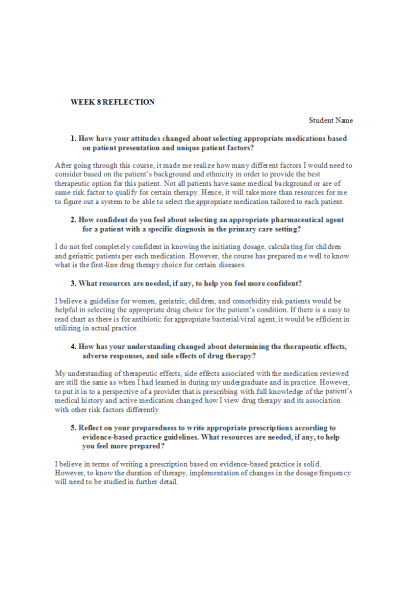NR 566 Week 8 Assignment; Course Reflection