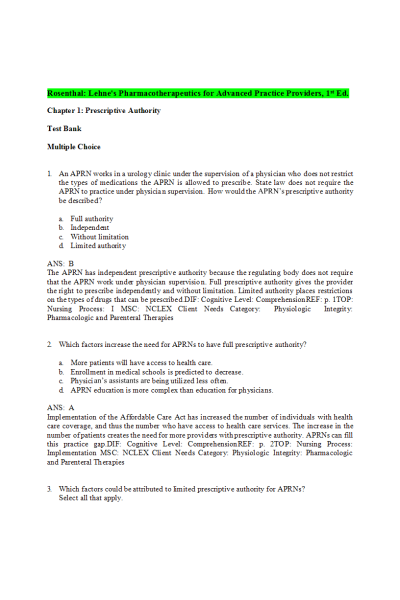 Rosenthal Lehne s Pharmacotherapeutics for Advanced Practice Providers; 1st Edition (TestBank)